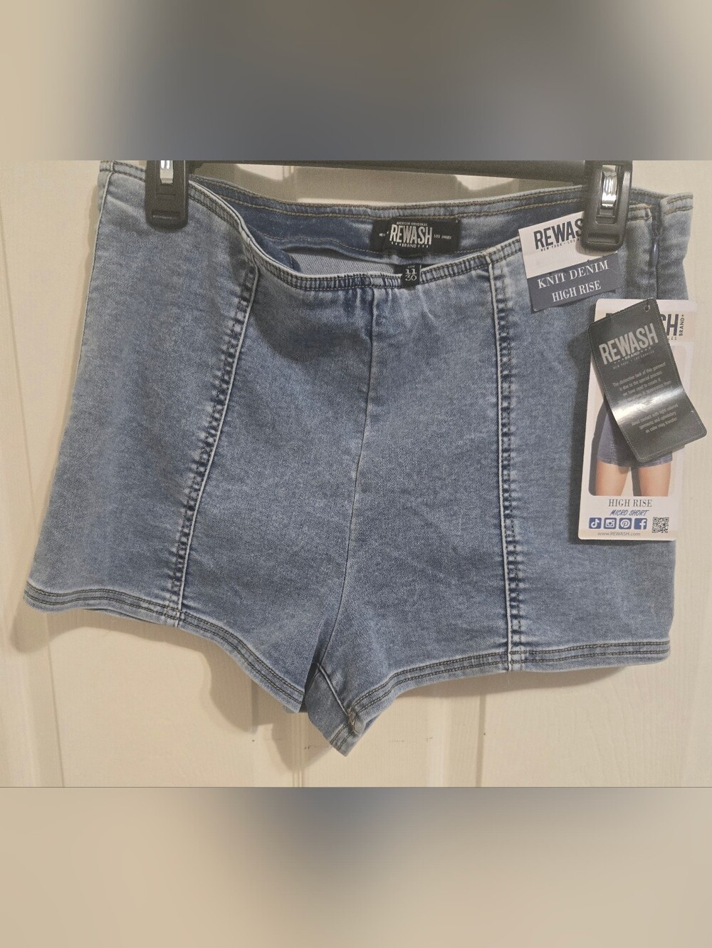 Rewash High-Rise Knit Denim Shorts in Medium Blue